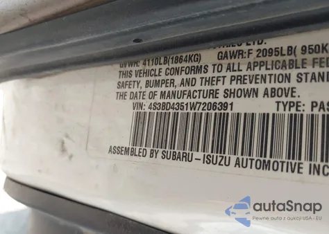 1998 Subaru Legacy L z USA, uszkodzony, nr VIN 4S3BD4351W7206391